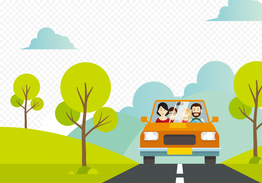 family riding vehicle on road illustration, Cartoon Vacation Family Illustration, Family travel, text, people, computer