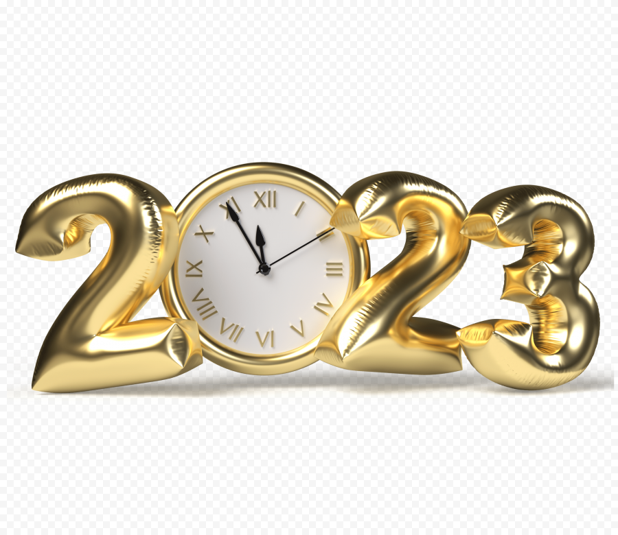 2023 Golden 3d Numbers With clock In Pastel Colors PNG