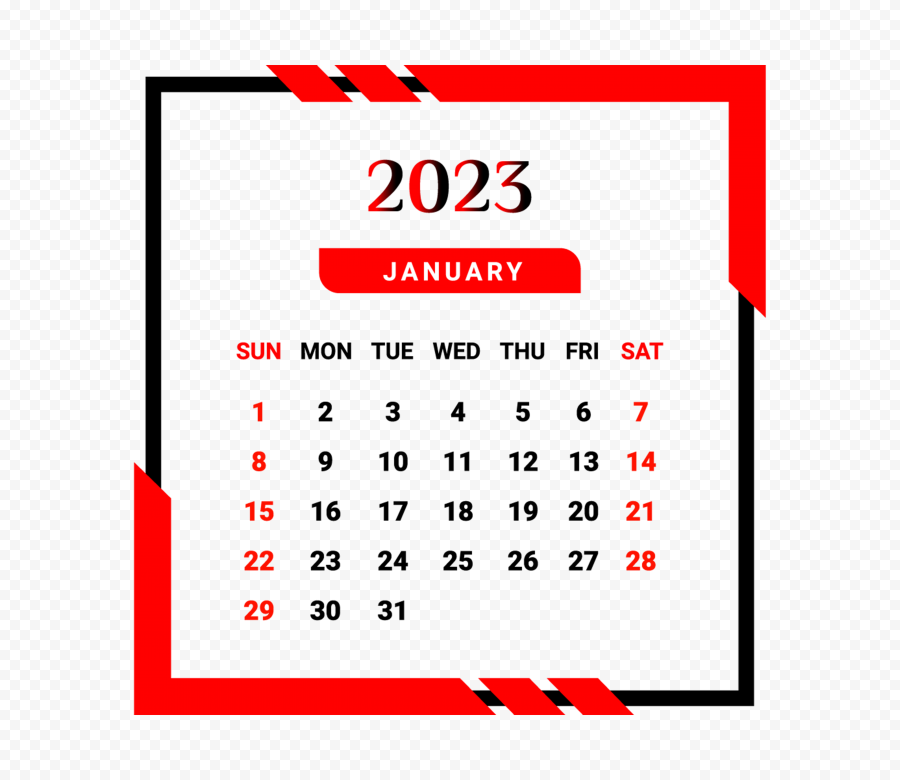 January Month 2023 Calendar With Red And Black PNG