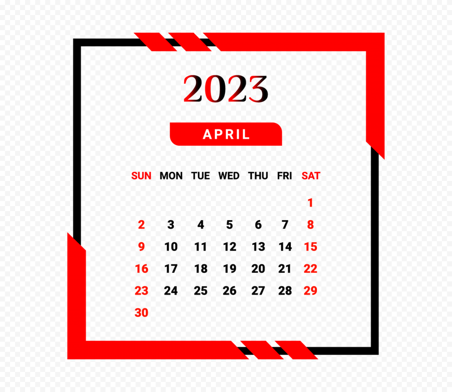 April Month 2023 Calendar With Red And Black PNG