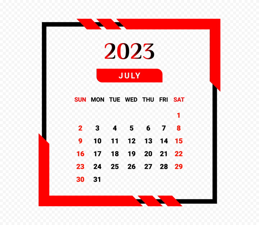 july Month 2023 Calendar With Red And Black PNG