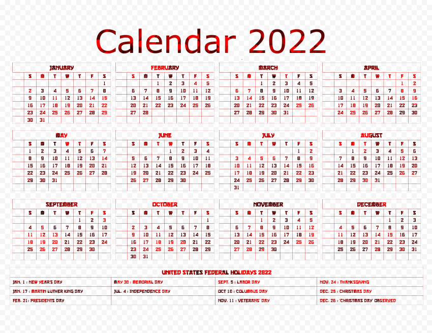 Red Calendar 2022 PNG