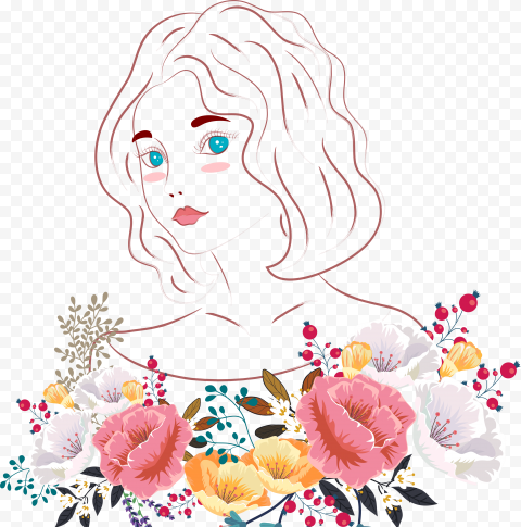 Beautiful woman painting colorful flowers decor handdrawn outline