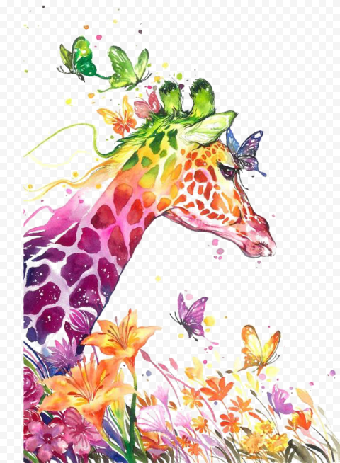 Watercolor painting Drawing Visual arts Canvas print, Watercolor Giraffe, multicolored giraffe and butterflies painting, watercolor Leaves, splash, animals