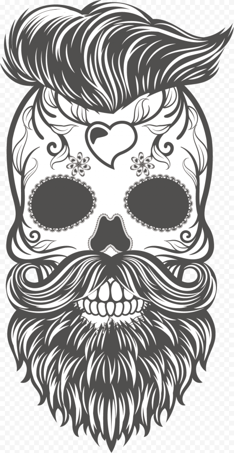 sugar skull with beard and hair illustration, Calavera Skull Hipster Beard Sticker,
