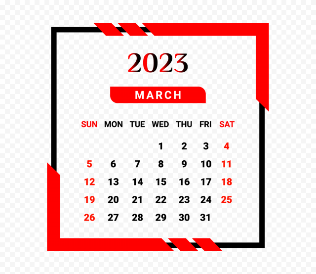 march Month 2023 Calendar With Red And Black