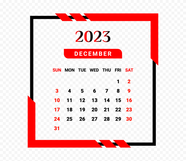 December Month 2023 Calendar With Red And Black PNG