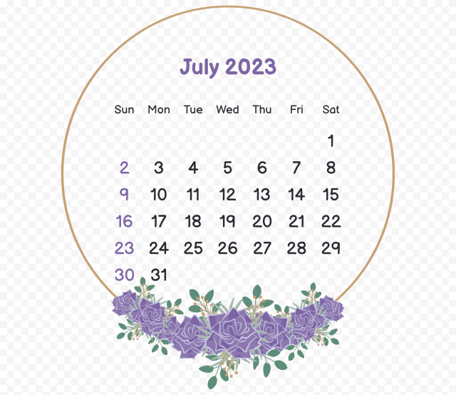 FREE July 2023 Calendar With Circle Flower Frame PNG